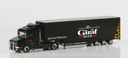 148573 Scania Hauber Jumbokoffer-Sattelzug Giraf-Beer Herpa H0