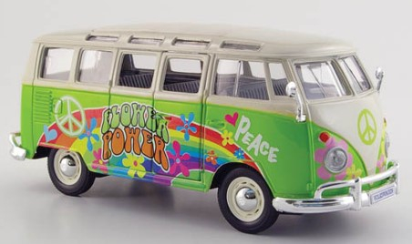 Maisto 1:24 MAI32301GREEN VW T1 Samba Bus, hellgrün/Dekor Hippie Line